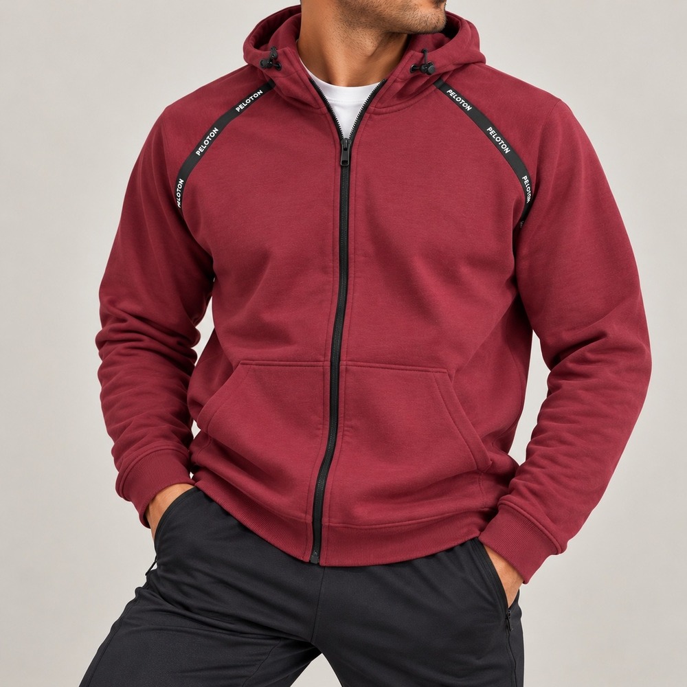 Peloton Mens Rare Full Zip Branded Tape Raglan Hoodie Burgundy Maroon XL